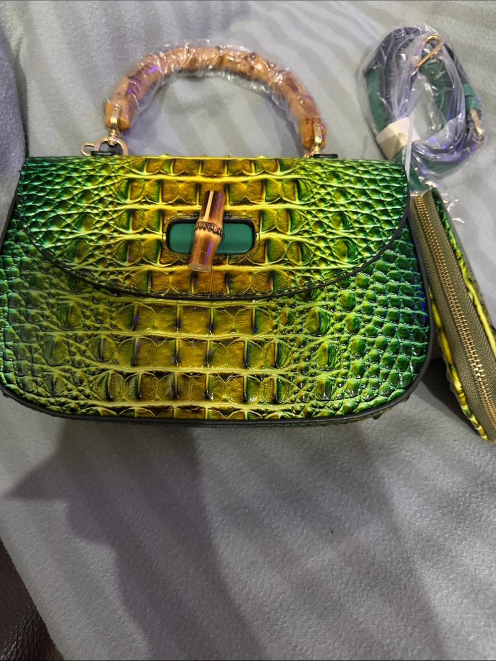 Iridescent Green Croc-Embossed Top-Handle Satchel